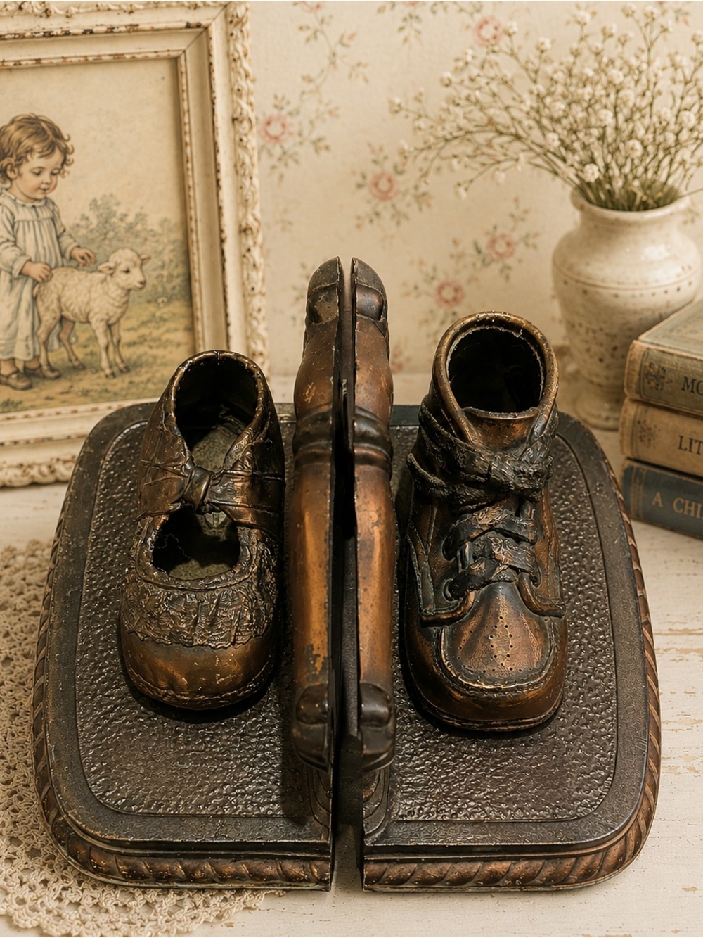 Vintage Iron/Bronze Plated Baby Shoe Bookends